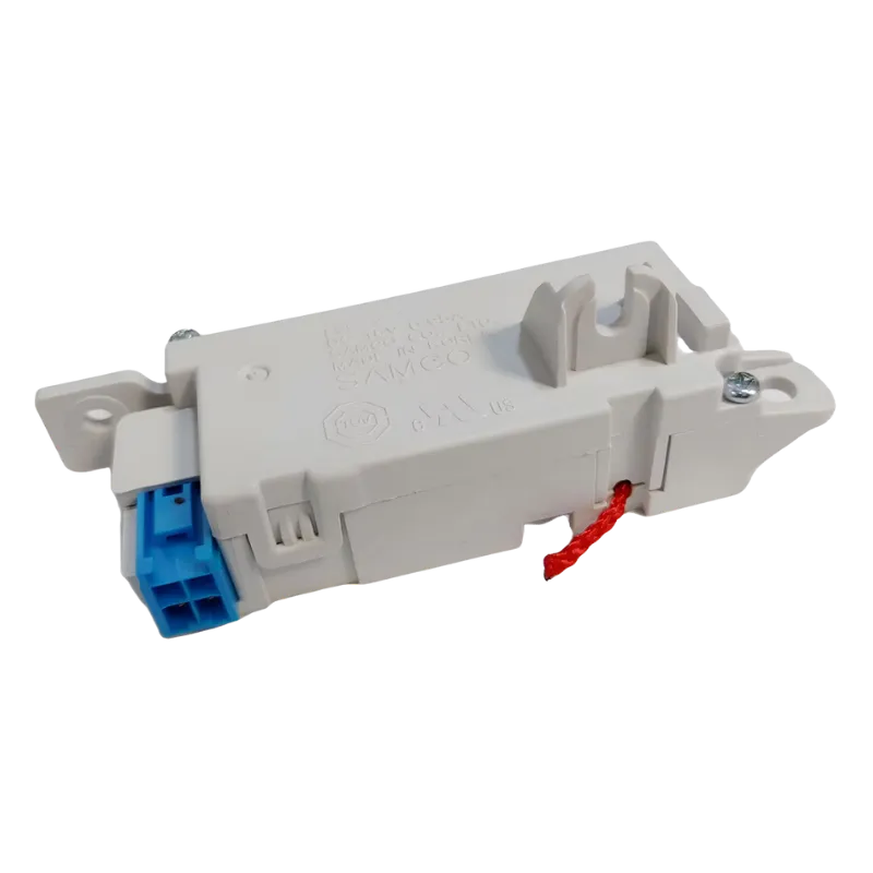 Vista completa del interruptor de bloqueo de tapa EBF61215204 para lavadora LG de carga superior, mostrando su conector azul y el pestillo.