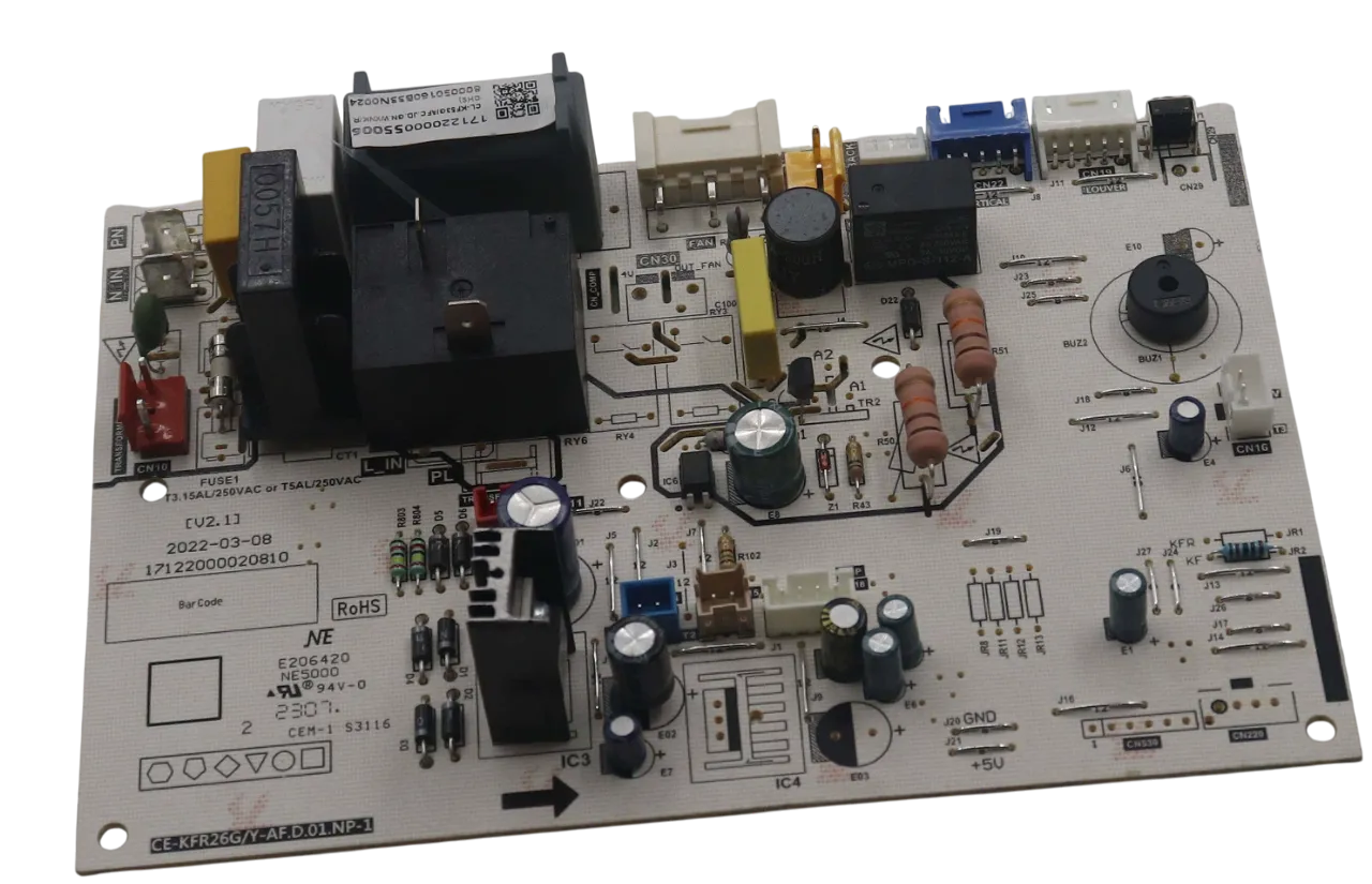 Vista frontal de la Main Control Board 17122000055006 de aire acondicionado con relés y resistencias