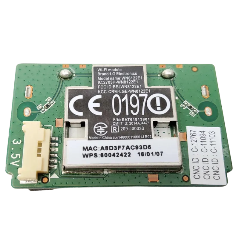 Módulo Wi‑Fi EAT61813801 para LG Smart TV – Vista frontal Módulo Wi‑Fi LG EAT61813801 vista frontal con etiquetas
