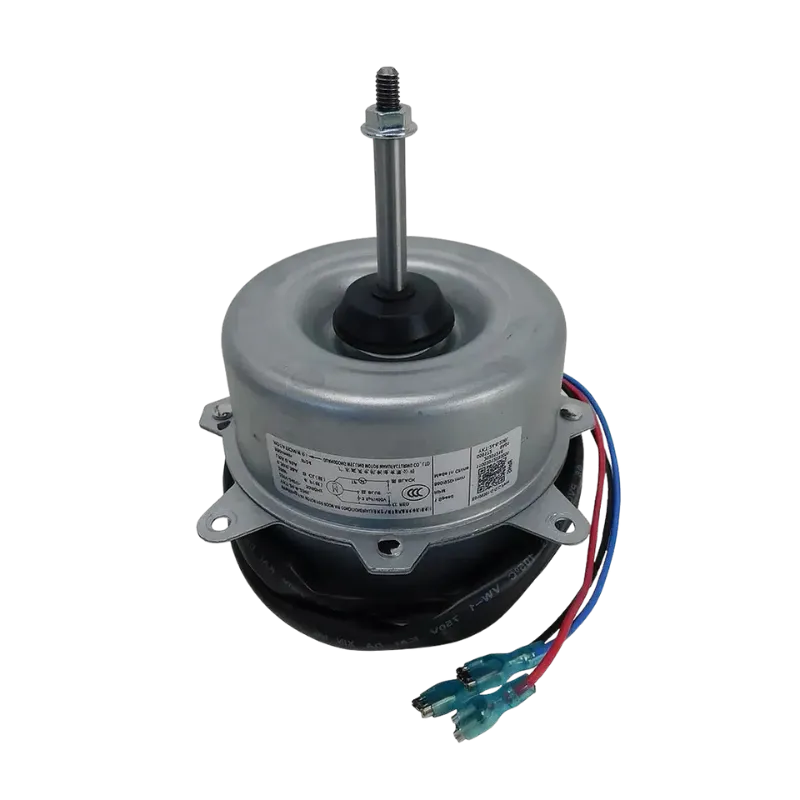 Motor asincrono monofásico YKT-24-6-236L Welling para aire acondicionado, con etiquetas, conectores y vista detallada del eje