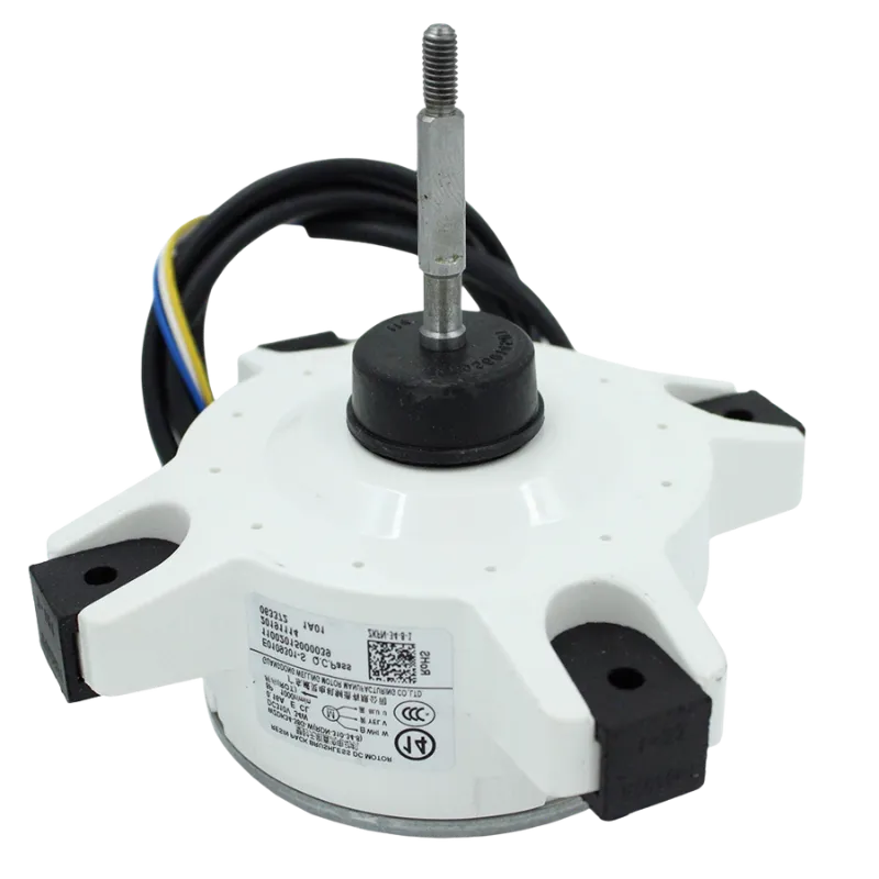 Motor Brushless DC 11002015000039 para unidad interior de aire acondicionado tipo split Motor DC sin escobillas para aire acondicionado, modelo 11002015000039, vistas laterales y trasera con etiqueta y conector