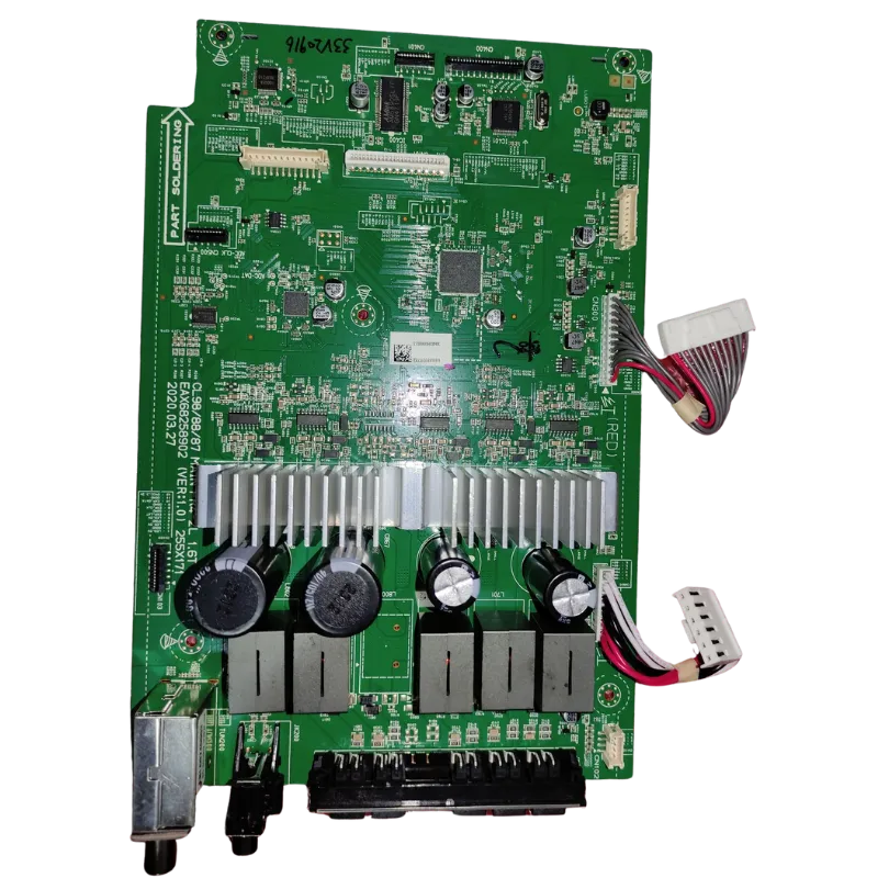 Option Code Assembly EBR88920722 con disipadores y conectores RCA Placa electrónica Main Board EBR88920722, vista completa con disipadores y conectores.