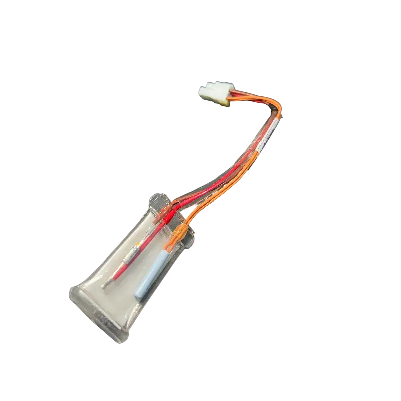 Sensor bimetálico de descongelación LG (ACM73919208) en posición vertical, listo para instalar.