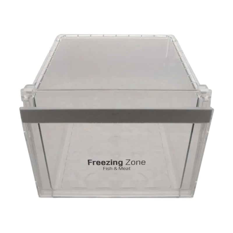 Compartimiento de cajón Freezing Zone Fish & Meat LG AJP73894401 para refrigerador, vista frontal transparente con manija gris