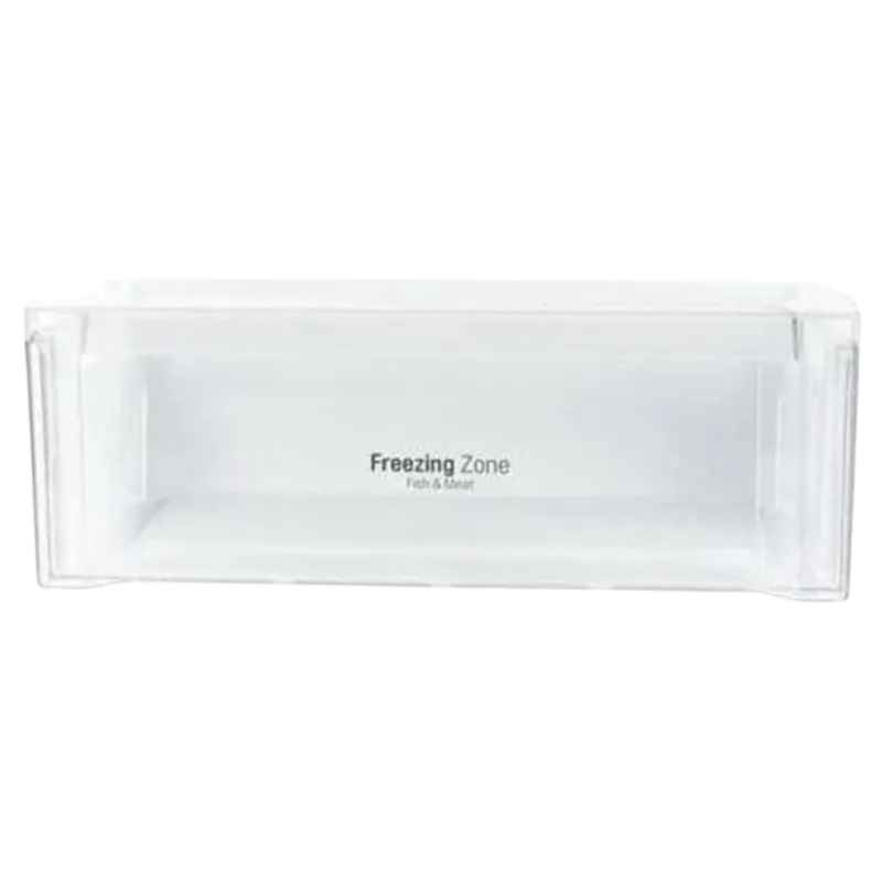 Compartimiento de cajón LG AJP73954601 para refrigerador, vista frontal transparente con serigrafía Fish & Meat