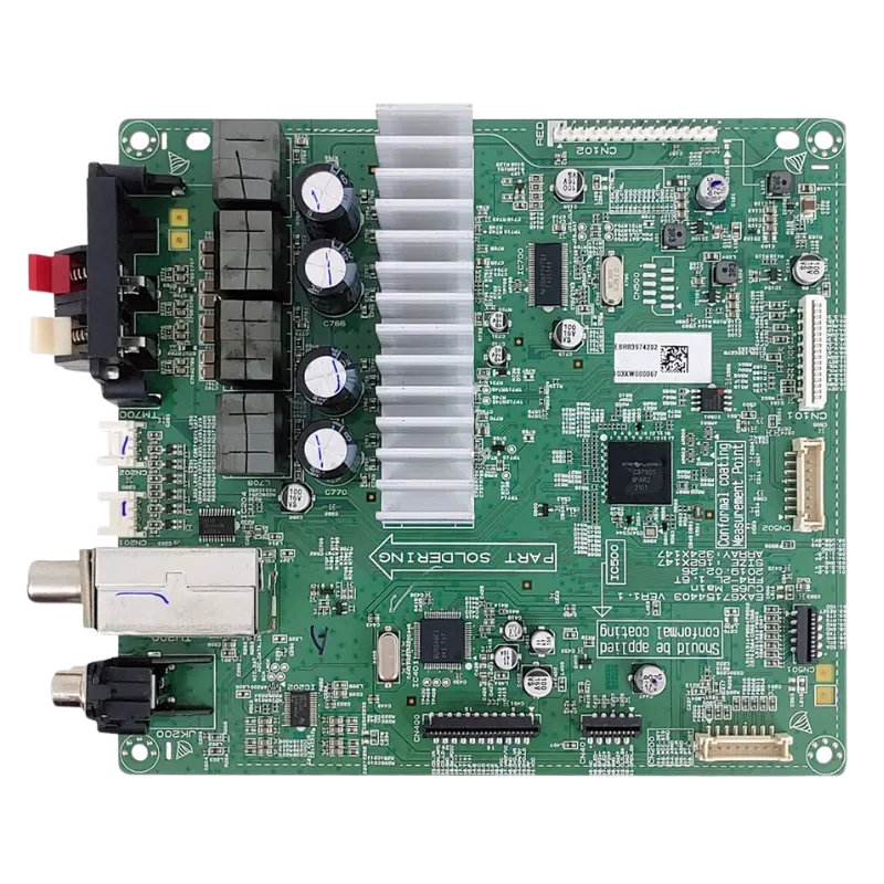 Main Control Board LG XBOOM CJ65, vista superior con componentes y disipador de calor.