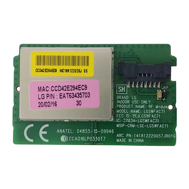 Módulo Wi-Fi LG EAT63435703 original LGSWFAC71 Módulo Wi-Fi LG EAT63435703 LGSWFAC71 vista superior con etiqueta MAC