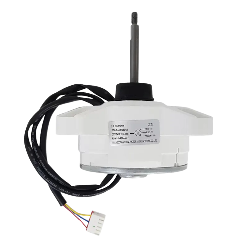 Motor DC Fan Outdoor LG EAU57945708 original Motor DC Fan Outdoor LG EAU57945708 original para condensadora, vista frontal con eje roscado y arnés de 4 hilos con conector de 4 pines