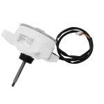 Motor DC Fan Outdoor LG EAU57945708 — vista lateral Motor DC Fan Outdoor LG EAU57945708 — vista lateral con carcasa blanca, eje roscado y cableado de 4 hilos con conector