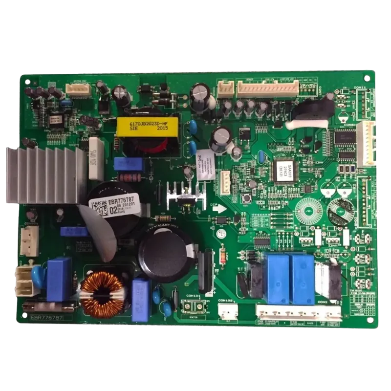 PCB Main Board LG EBR77678702 para refrigerador, vista horizontal con relés azules y disipador de aluminio