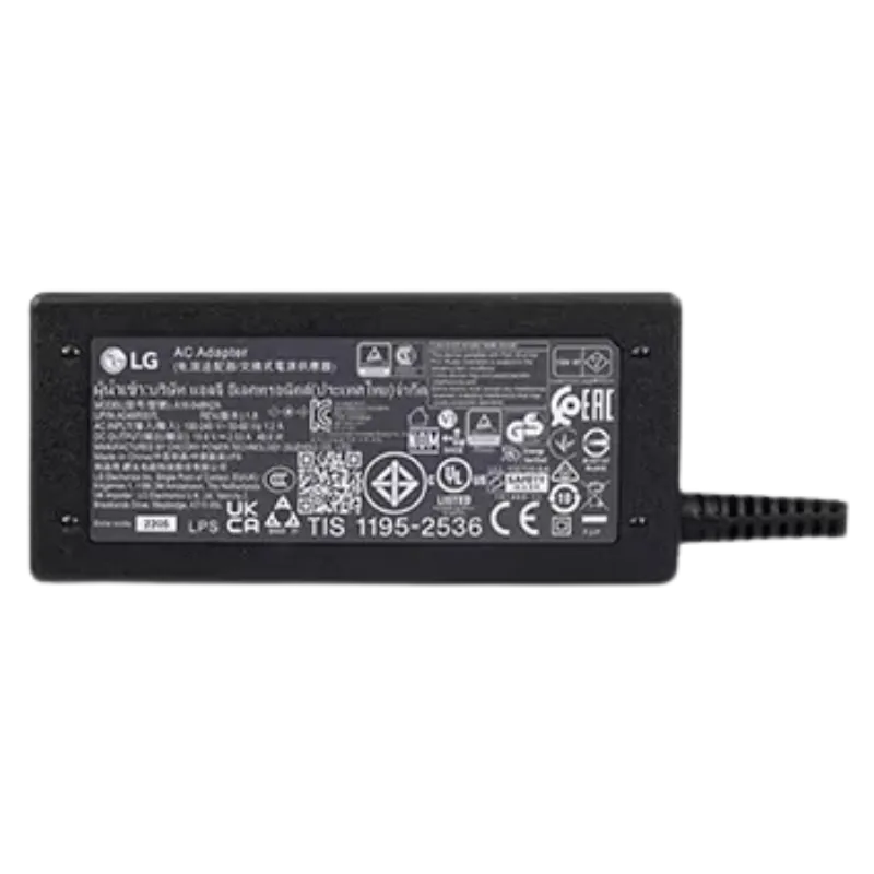 Adaptador EAY64569201 para monitores LG, vista frontal con conector de corriente.
