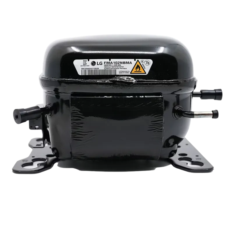 Compresor LG TCA37032002, vista posterior con etiqueta técnica y puertos sellados.