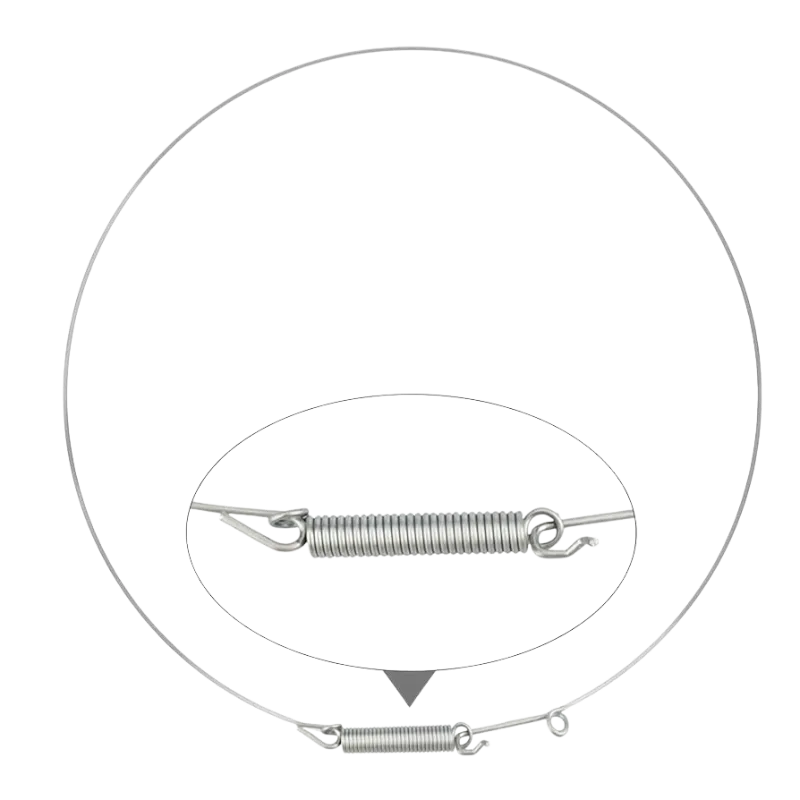 Esquema Técnico del Aro Metálico para Goma de Puerta LG Diagrama del aro metálico de 35 cm para lavadora LG, con una vista ampliada que detalla el resorte de tensión