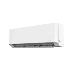 Aire acondicionado Hisense Esmeralda Inverter 36.000 BTU 220V modelo AS-36TW2HB, mini split blanco, vista 3/4 derecha con aletas abiertas y display LED