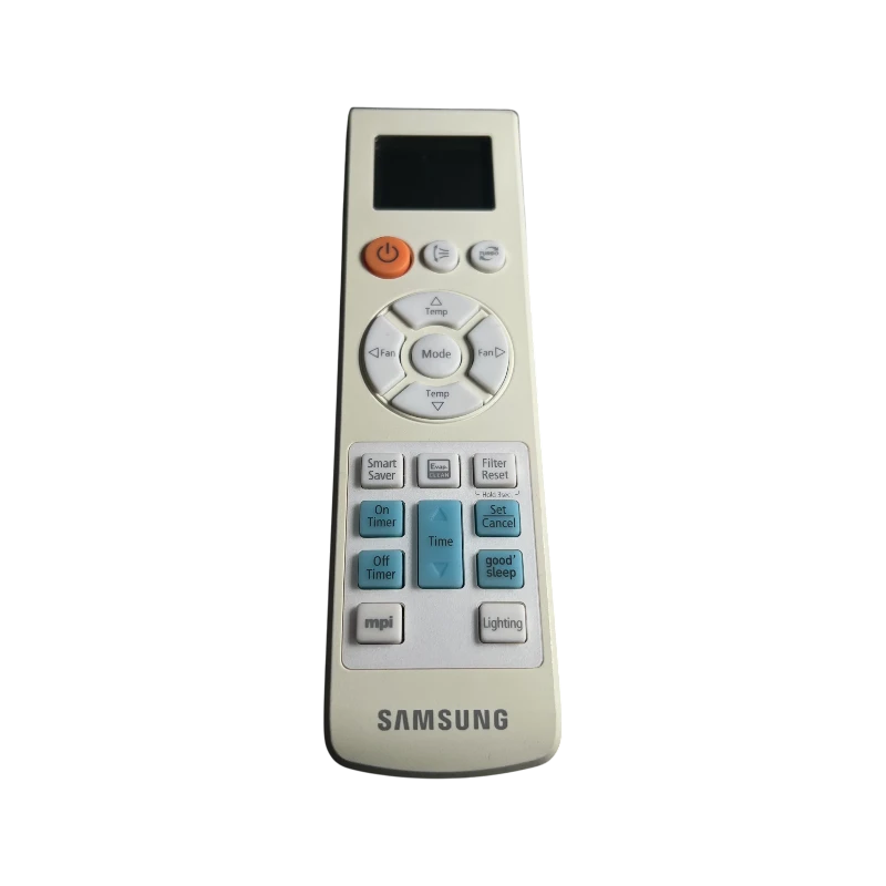 Control remoto Samsung DB93-06335E para aire acondicionado, vista frontal con pantalla LCD y botones Mode, Fan, Temp, Timer, Good Sleep, Smart Saver y Filter Reset