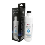 Filtro de agua LG LT1000P junto a su empaque original de venta.