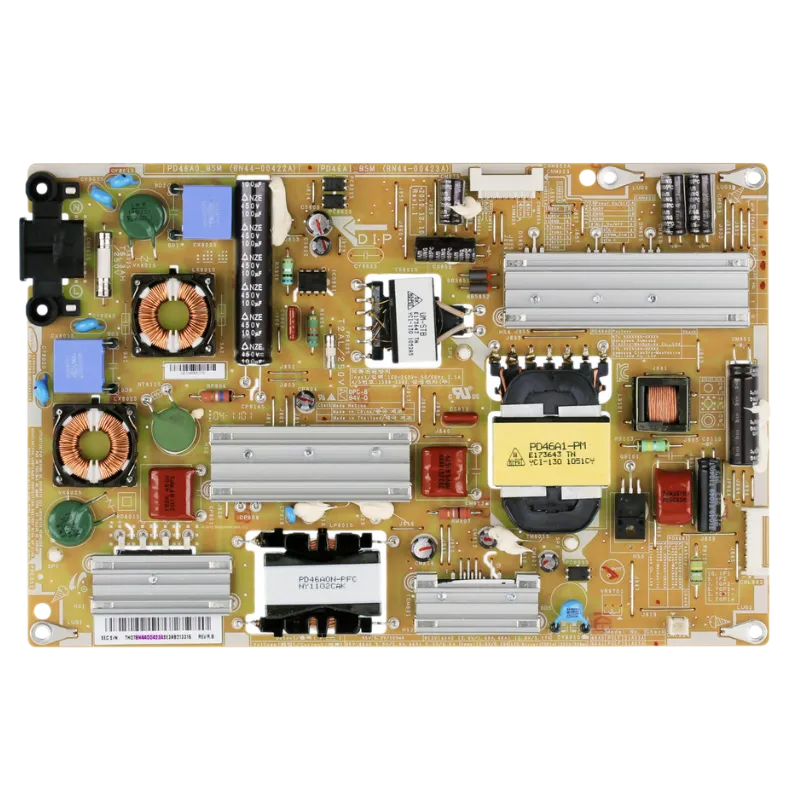 Fuente de alimentación Samsung BN44-00423A PD46A1_BSM PSLF151A03A vista frontal con disipadores y transformadores
