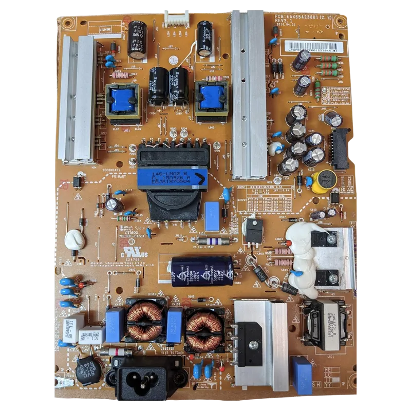 Fuente de alimentación LG EAY64309921 vista frontal con disipadores y transformador