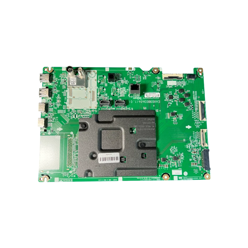 Main board LG EBU67264001 para OLED55B2PSA, vista superior con blindaje y puertos HDMI/USB/LAN