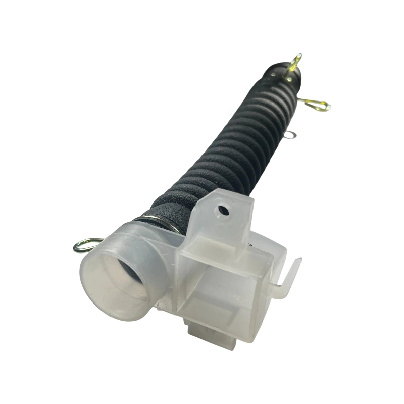 Manguera 5215EA3001E LG – Vista en ángulo Manguera de salida interna 5215EA3001E para lavadora LG con codo plástico y cuerpo corrugado negro en perspectiva