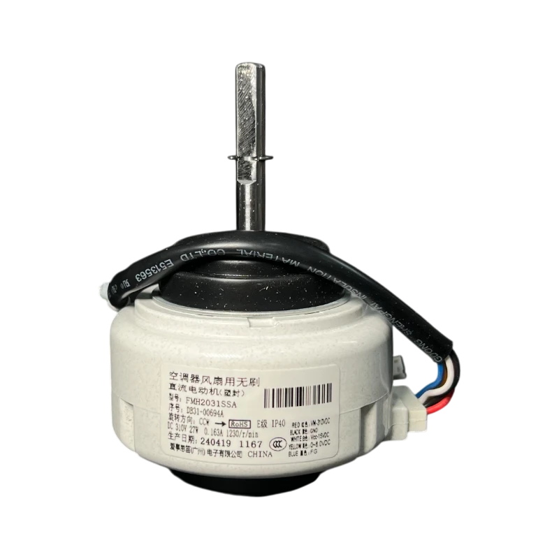 Motor DC DB31-00694A FMH2031SSA 310V 1230RPM para ventilador interior Samsung – vista frontal con eje y etiqueta