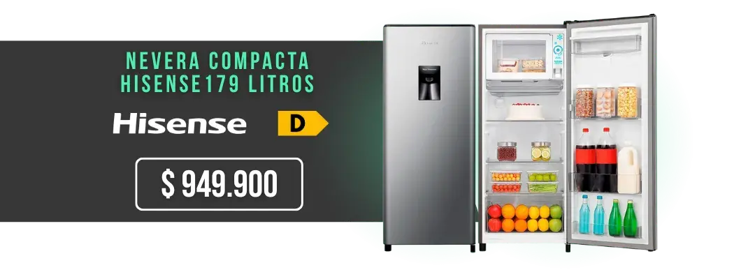 Nevera compacta Hisense 179 litros, una puerta con freezer superior y dispensador, eficiencia energética D, modelo BC179R/HC1