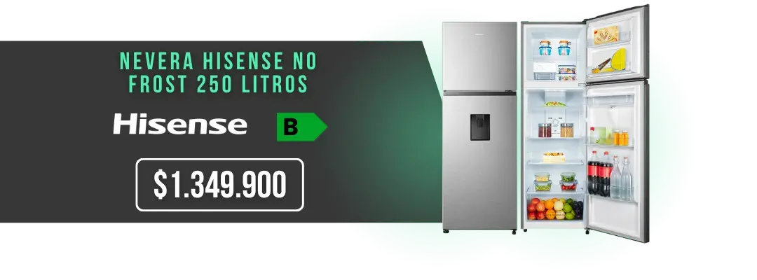 Nevera Hisense 250 litros No Frost, dos puertas con dispensador de agua, eficiencia energética B, modelo BCD250