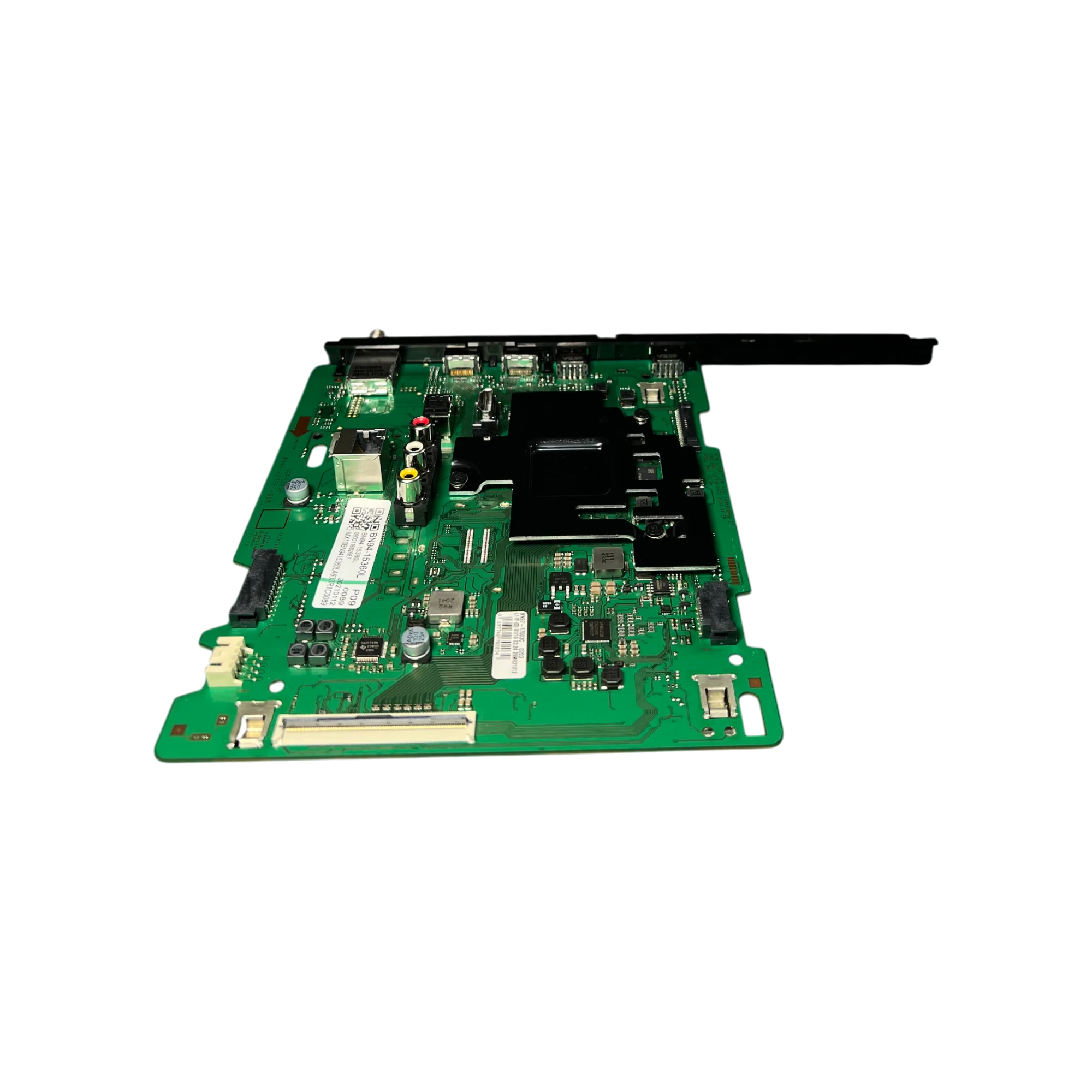 Main board Samsung BN94-15360L, vista en perspectiva con blindajes, jacks AV y conector LVDS