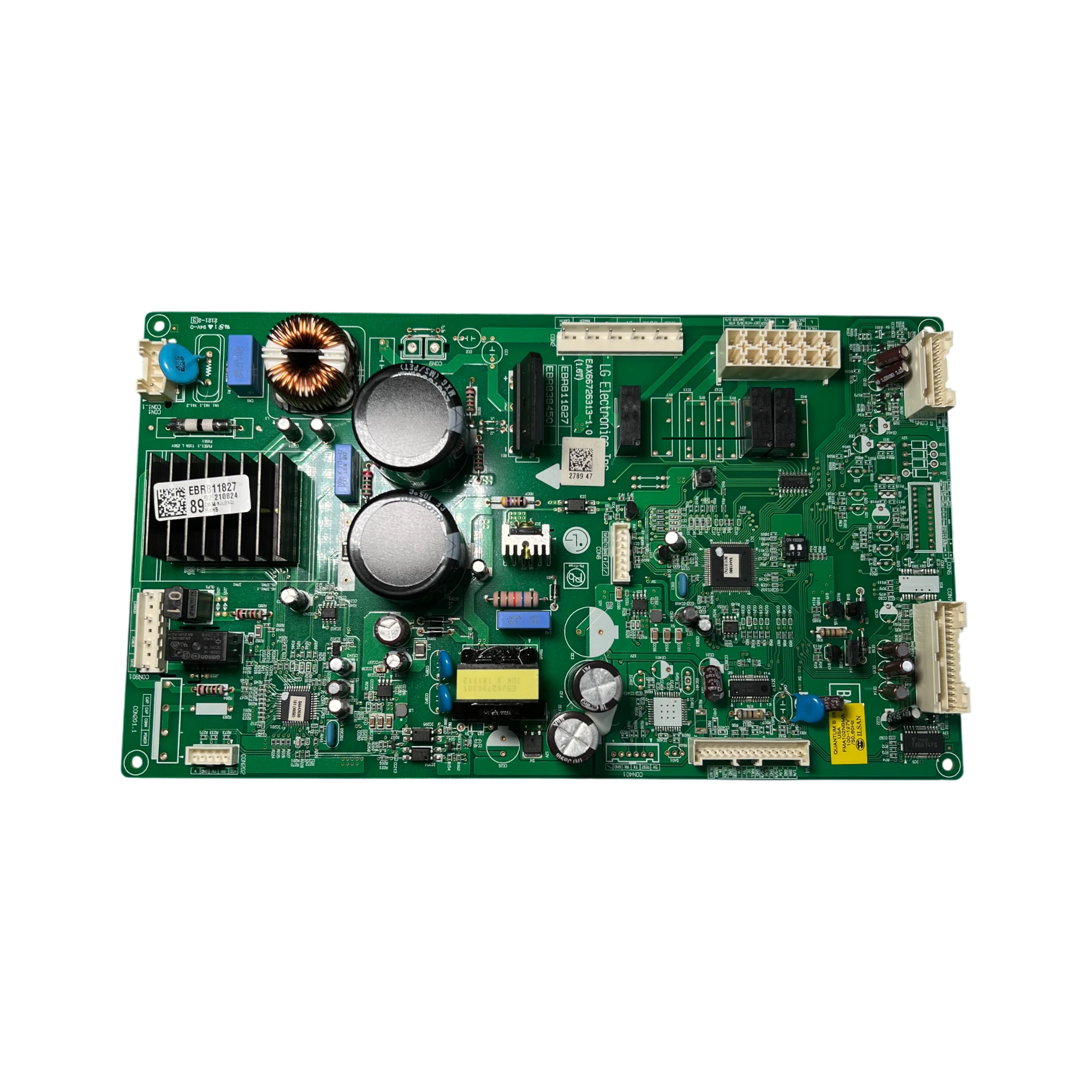 PCB Main Board LG EBR81182789 – Vista frontal PCB Main Board LG EBR81182789 para refrigerador, vista frontal con disipador, bobina y capacitores