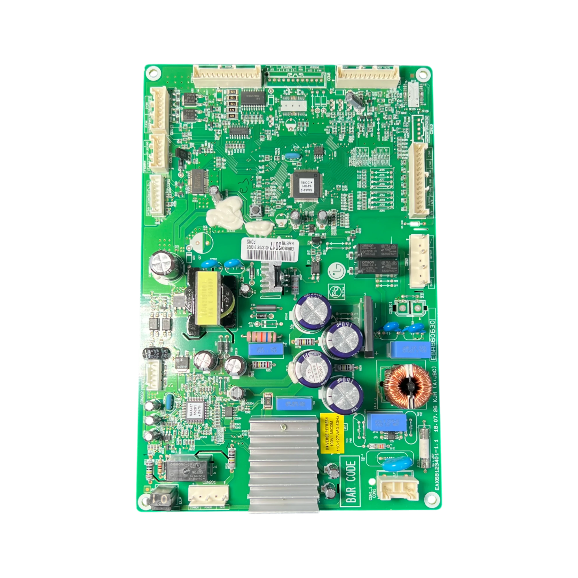 PCB Main Board LG EBR86063017 para refrigerador, vista frontal con disipador, transformador y capacitores