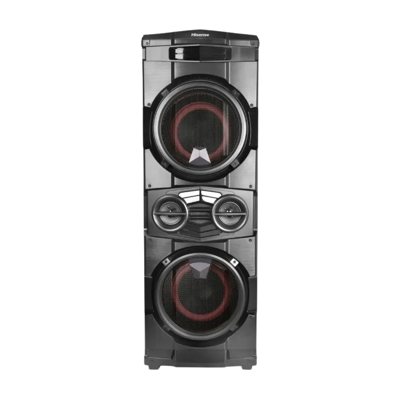 Hisense HP140 800W – Vista frontal Torre de sonido Hisense HP140 800W vista frontal con doble woofer de 8" y tweeters de 3", aro LED rojo.
