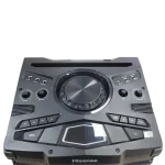 Hisense HP140 – Panel de control superior Panel superior de control Hisense HP140 con perillas, Party Chain, EQ, USB y entradas de micrófono.