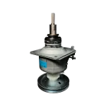 Transmisión Samsung DC97-14818L en perspectiva; eje estriado, placa de fijación y engranaje plástico.