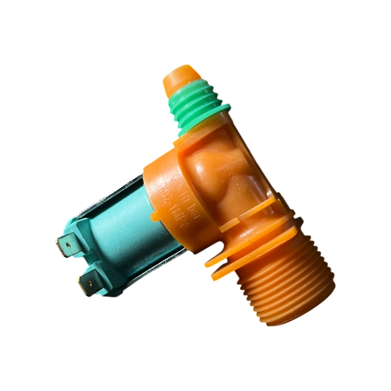 Válvula de agua DC62-30314P para lavadora Samsung, vista lateral; cuerpo naranja, bobina verde, rosca macho y entrada con sello verde, solenoide 110–127V.