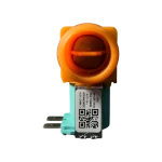 Válvula DC62-30314P para lavadora Samsung en vista frontal; filtro de malla en la boca de entrada y etiqueta con código QR y voltaje 110–127V.