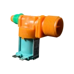 Válvula de agua DC62-30314P Samsung, vista lateral opuesta; cuerpo naranja, bobina verde y rosca macho frontal con sello de entrada verde.