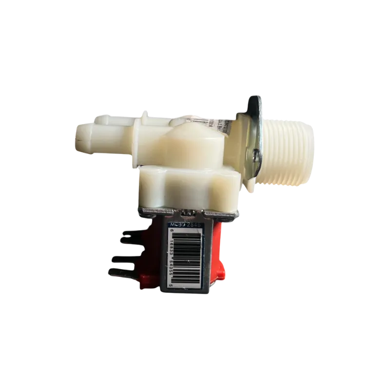 Válvula de agua doble DC62-00311D Samsung, vista lateral; cuerpo plástico blanco, bobina roja y rosca de entrada macho con brida metálica.