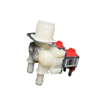 Válvula DC62-00311D para lavadora Samsung, vista posterior tres cuartos con rosca de entrada elevada y doble salida inferior.