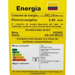 Etiqueta RETIQ Colombia aire acondicionado Hisense Amatista Inverter 24000 BTU 220V, modelo AS-24TW5CE, consumo 292,25 kWh/mes, eficiencia 2,80 W/W, clase E, mini split pared
