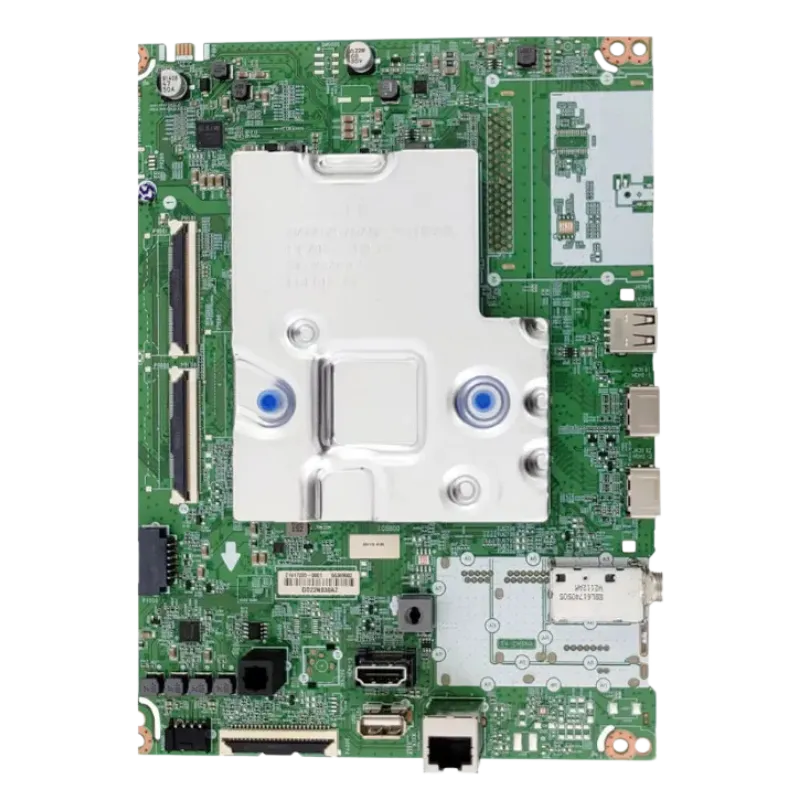 Main Board LG EBU66369004 vista superior; blindaje central y zócalos de fajas.