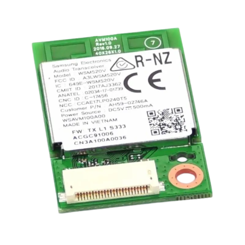 Módulo inalámbrico de audio Samsung WSM520V AH59-02746A, vista frontal con conector FFC y etiqueta original