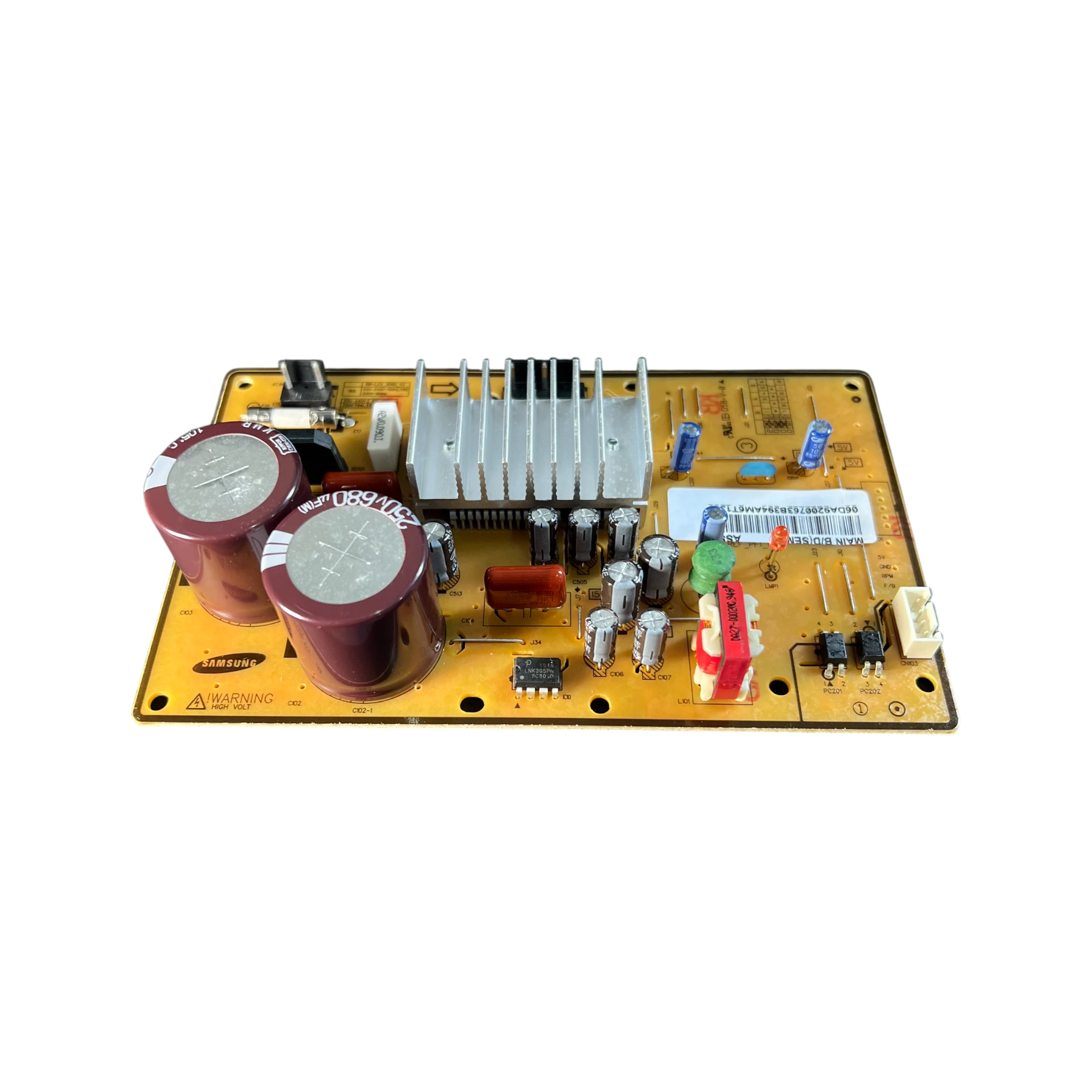 Main Board DA92-00763B para refrigerador Samsung, tarjeta principal electrónica con capacitores y disipador de calor.