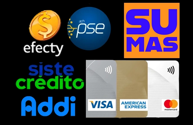 Efecty, PSE, Sumaspay, Sistecredito, Addi y Tarjetas de Credito/Debito Todos los métodos de pago