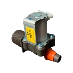 Válvula DC62-00217E repuesto para lavadora Samsung Válvula DC62-00217E para lavadora Samsung vista diagonal con cuerpo metálico y boquilla naranja