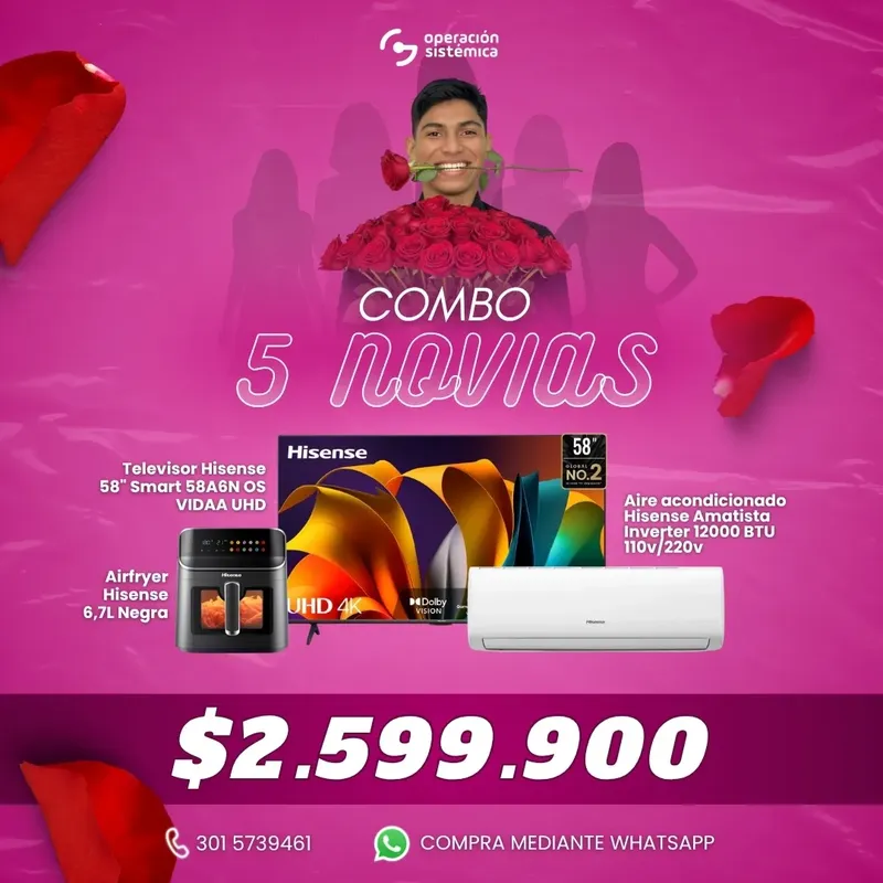 Combo 5 Novias con televisor Hisense 58A6N UHD, aire acondicionado Amatista Inverter 12000 BTU y freidora de aire Hisense 6.7L