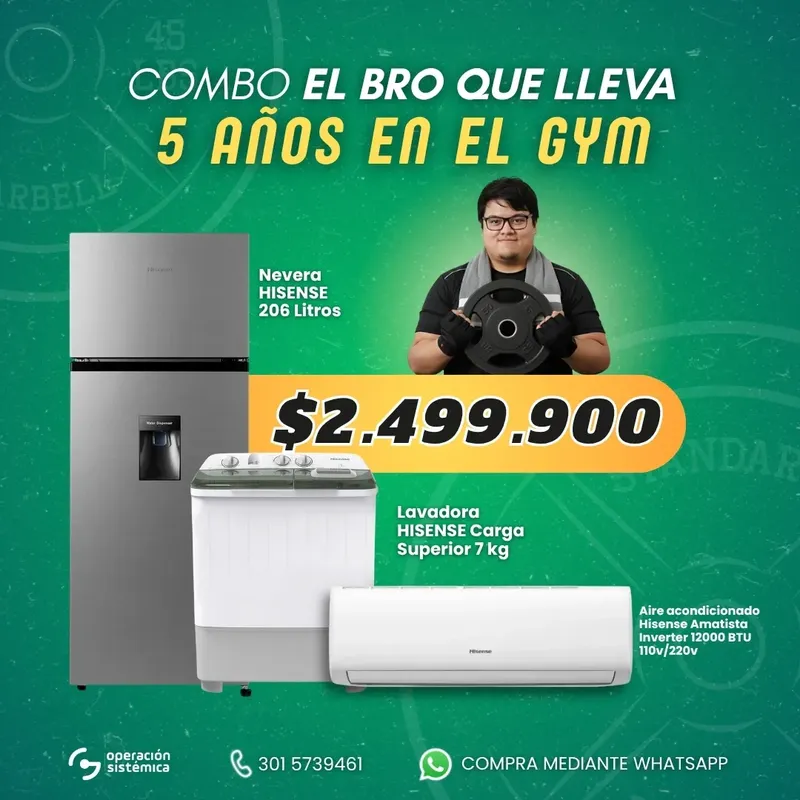 Combo El Bro que lleva 5 años en el gym con nevera Hisense 206L, lavadora 7kg y aire acondicionado Amatista Inverter 12000 BTU
