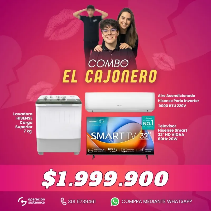 Combo El Cajonero con lavadora Hisense 7 kg, aire acondicionado Hisense Perla Inverter 9000 BTU y Smart TV Hisense 32” HD