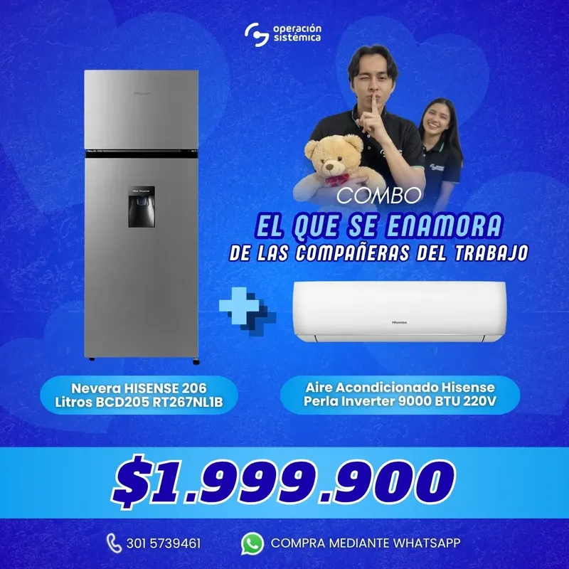 Combo El que se enamora de las compañeras del trabajo con nevera Hisense 206L y aire acondicionado Perla Inverter 9000 BTU