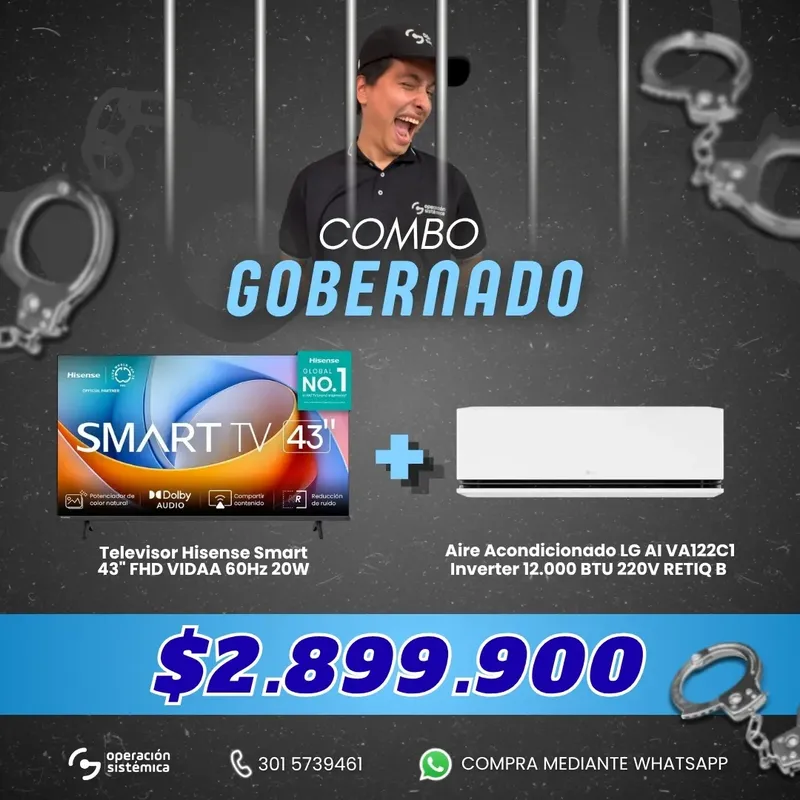Combo Gobernado Hisense 43” FHD + LG AI VA122C1 Inverter 12000BTU | Operación Sistémica Combo Gobernado con TV Hisense 43” FHD VIDAA y aire acondicionado LG AI VA122C1 Inverter 12000 BTU