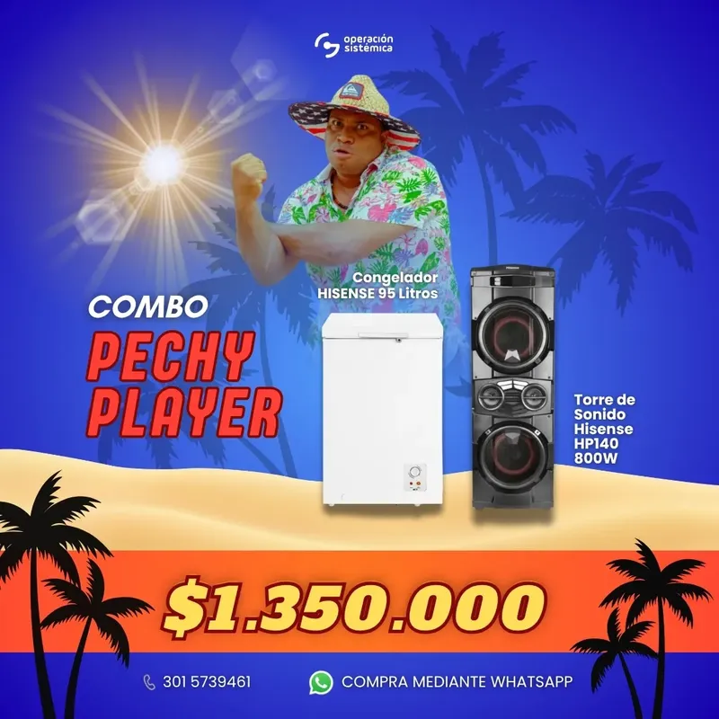 Combo Pechy Player con congelador Hisense 95L y torre de sonido Hisense HP140 800W - Operación Sistémica